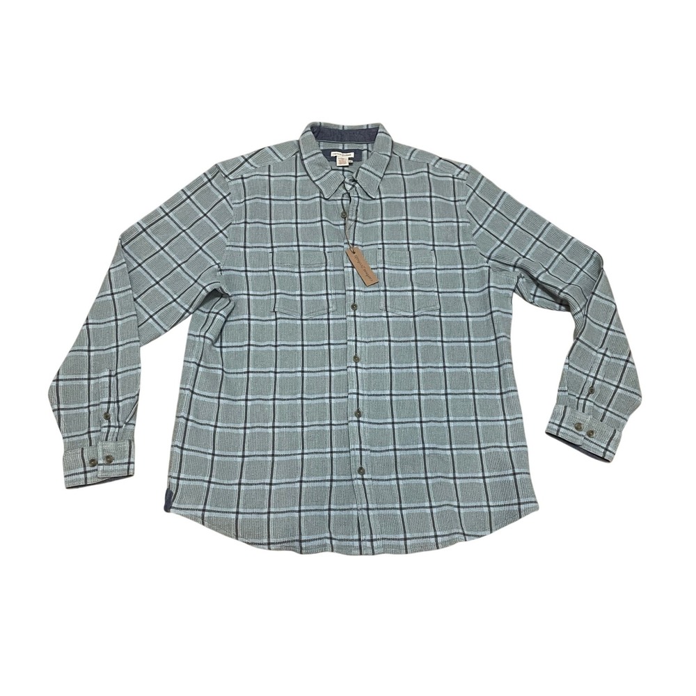 Carbon2Cobalt Lg Waffle Knit Plaid Button Down Shirt Sage Green Grey Blue NWOT